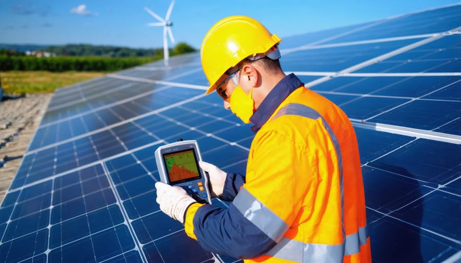 Maintenance worker using thermal camera to check solar panel performance
