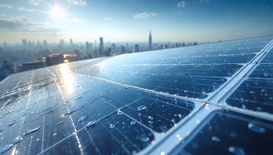 Conceptual illustration of a solar panel with dynamic nanocoating showing anti-reflective and self-cleaning properties against a high-tech European cityscape.