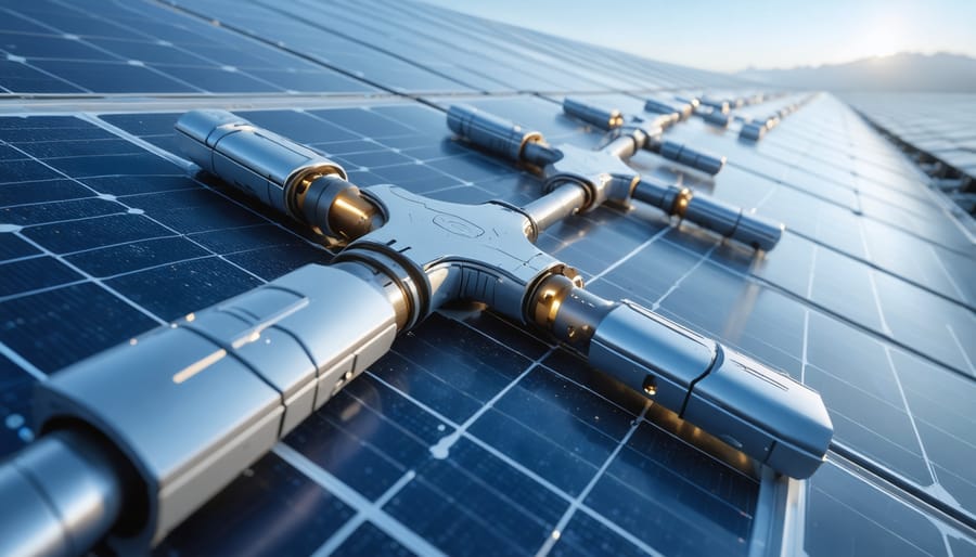 Conceptual illustration of a solar panel system with Y-shaped connectors, highlighting their significance in optimizing power flow, set against a backdrop of solar panels extending towards the horizon under bright sunlight.