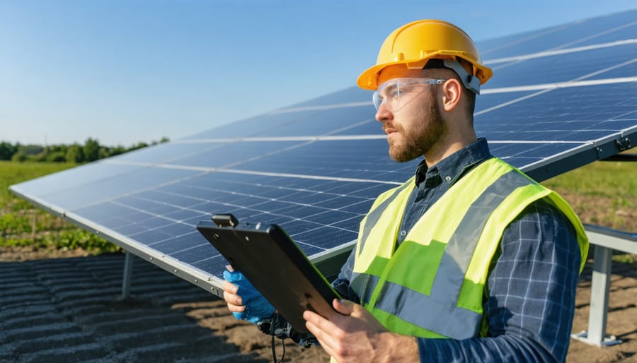 Technician using solar pathfinder tool to measure solar exposure on roof