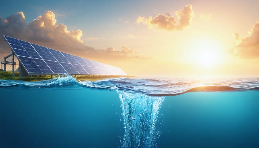 Conceptual illustration of a solar-powered desalination plant on a coastline with solar panels, seawater, and fresh water, symbolizing sustainable industrial water treatment.