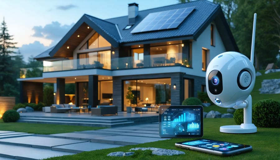A modern European home seamlessly incorporating solar panels on the roof with smart security features like LED lights and surveillance cameras, all monitored through a smartphone app, exemplifying energy independence and sustainability.