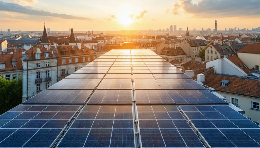 A futuristic European cityscape illuminated by solar energy, showcasing a network of photovoltaic panels and energy storage systems powering the urban environment sustainably.