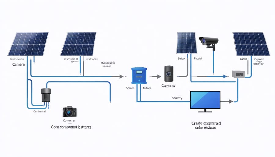 Technical diagram illustrating the interconnection of solar security system components