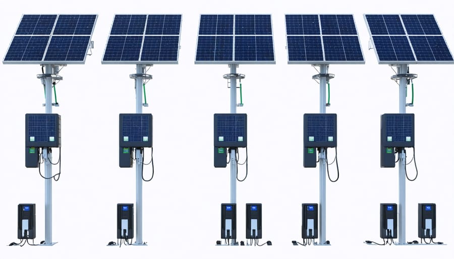 Step-by-step photo series showing the installation process of a solar-powered charging station