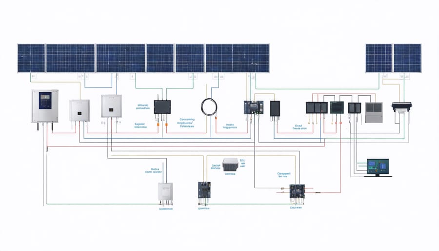 Technical diagram illustrating solar panel system integration with inverters, batteries, and monitoring systems