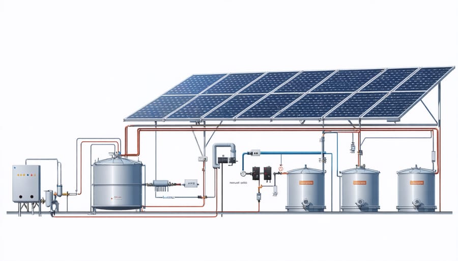 Technical illustration of industrial solar thermal system components and heat flow