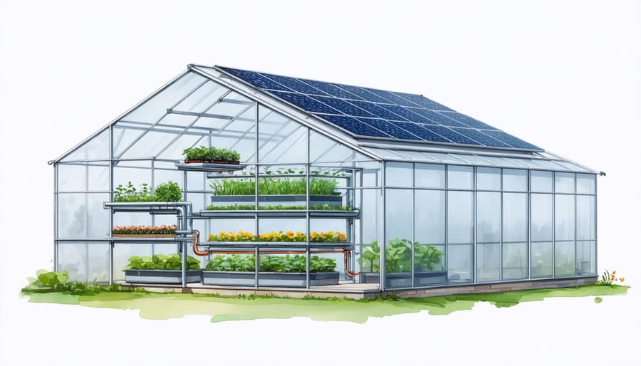 Technical illustration of solar panels, batteries, controllers, and ventilation equipment in a greenhouse setup