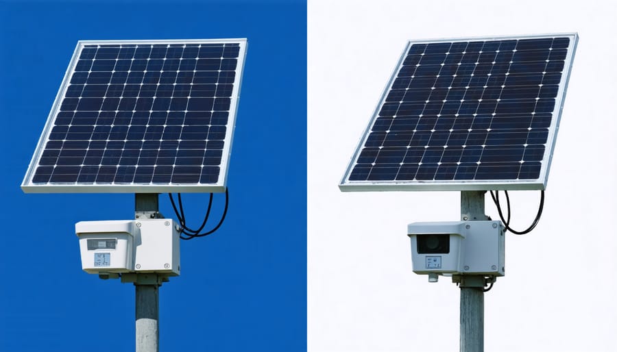 Side-by-side comparison of grid-dependent vs solar-powered security systems during blackout