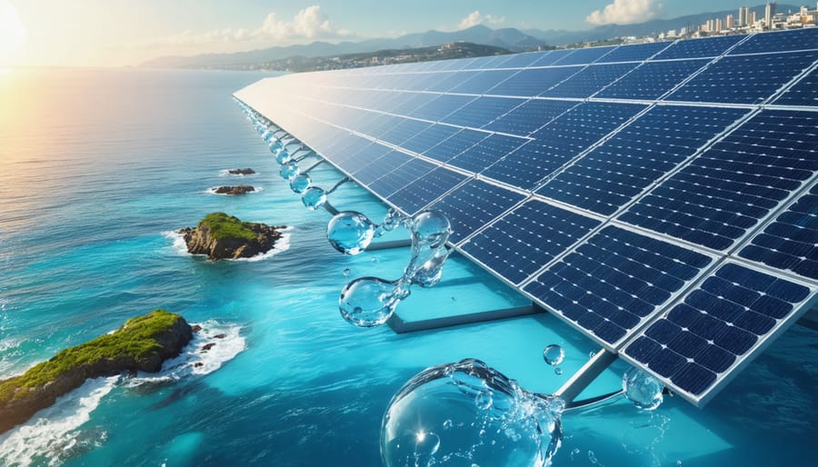 An illustration showcasing large solar panels harnessing sunlight alongside a modern desalination plant situated on a European coastline, symbolizing the integration of solar energy in addressing water scarcity.