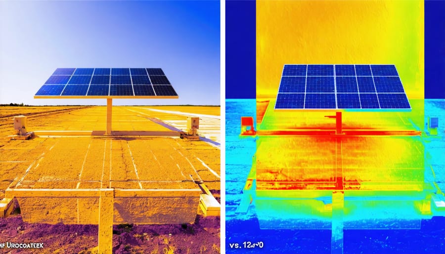 Thermal image comparing temperature patterns between coated and uncoated solar panels