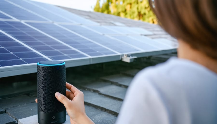 Woman speaking to a smart home device while solar panel monitoring screen shows in background