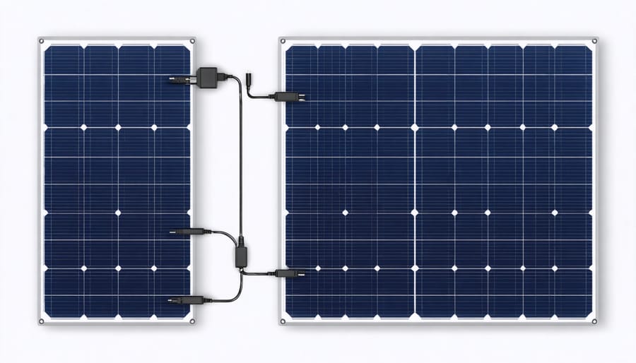 Hands installing a Y connector between two solar panel cables, demonstrating correct connection technique