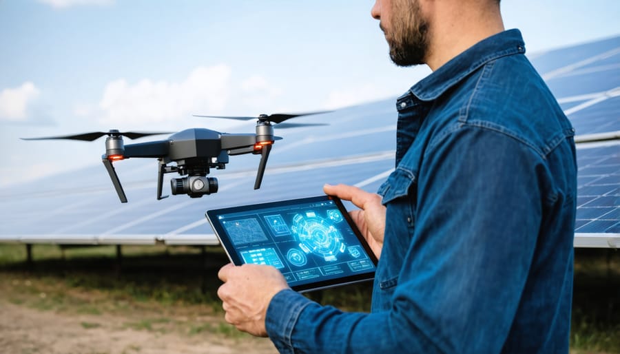 Drone operator analyzing solar panel inspection data through AI-powered tablet interface