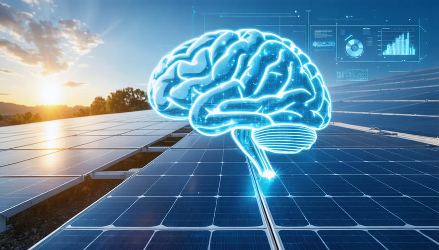 Illustration of AI interface overlay on solar panels with data graphs and performance metrics, symbolizing solar technology innovation.