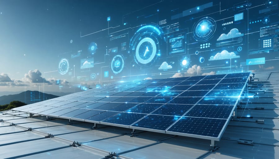Futuristic home with rooftop solar panels, digital data overlays, and AI symbols illustrating real-time performance monitoring and adaptive optimization under varying weather conditions.