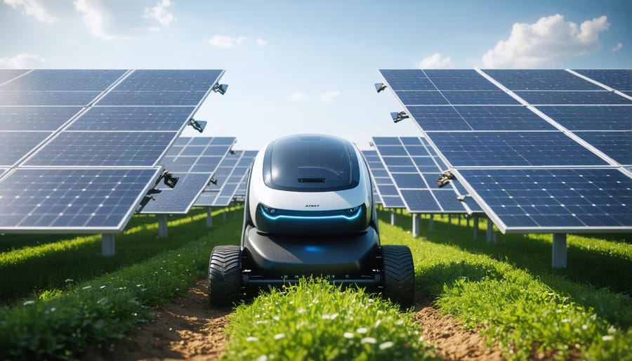 Robotic solar mower navigating between rows of solar panels in a utility-scale solar installation