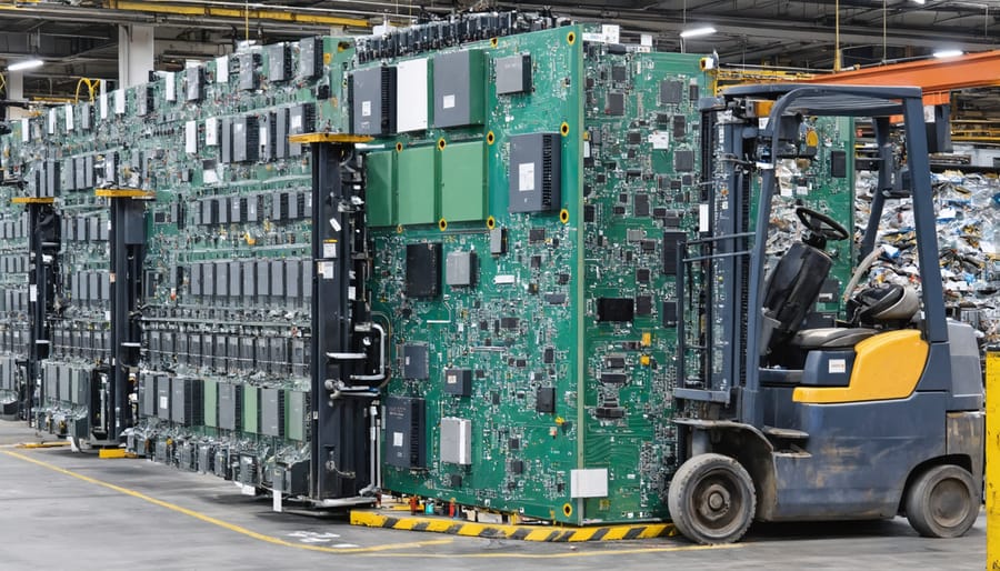 Industrial recycling facility workers safely dismantling and sorting BESS inverter components