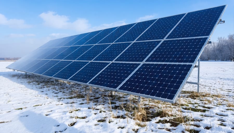 Bifacial solar panels mounted on racks in snowy conditions showing light reflection from snow