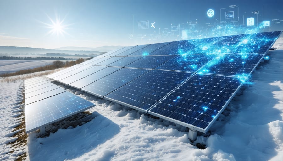 Illustrative representation of Europe incorporating innovative solar technologies like bifacial panels, perovskite cells, and digital monitoring systems, under a clear blue sky.