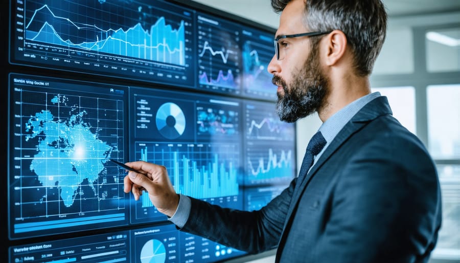Professional analyzing change management performance metrics on digital dashboard