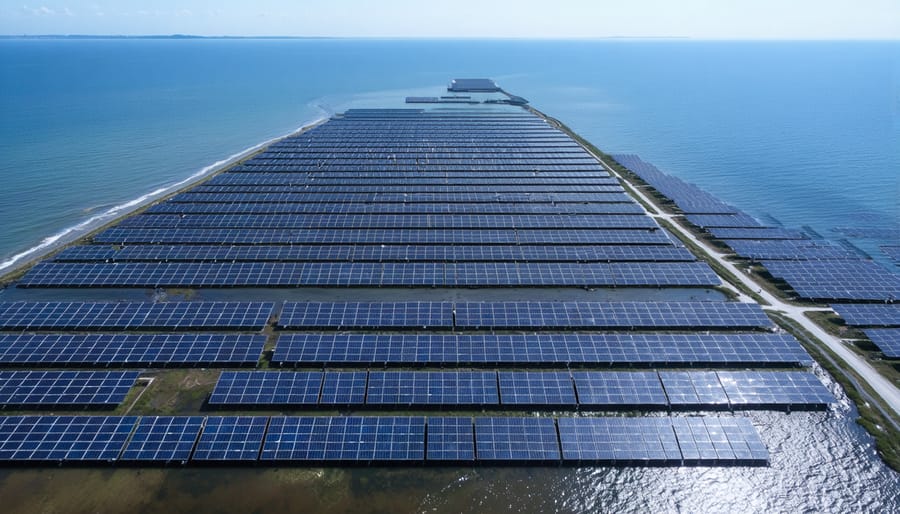 Aerial photograph showcasing a coastal solar power installation in Europe, with solar panels strategically arranged near a wetland. The image emphasizes the integration with natural water bodies and highlights the innovative use of coastal space for energy production.