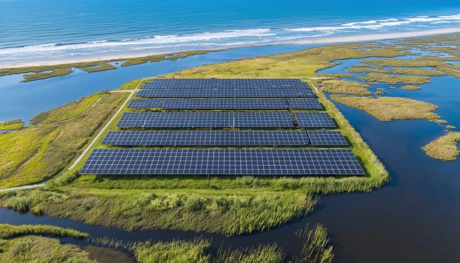 Drone photograph of solar panels installed along a coastal wetland area, demonstrating land use optimization