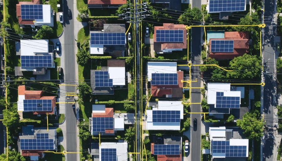 Bird's eye view of suburban houses with solar panels illustrating community solar network