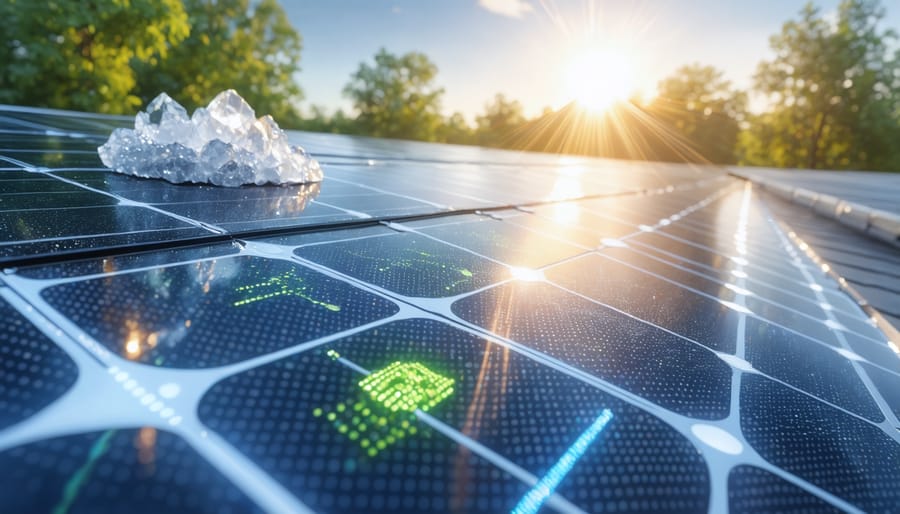 Illustration showcasing key materials in solar panels, featuring silicon crystals, silver conductors, and protective glass layers, with sunlight and eco-friendly symbols accentuating renewable energy.