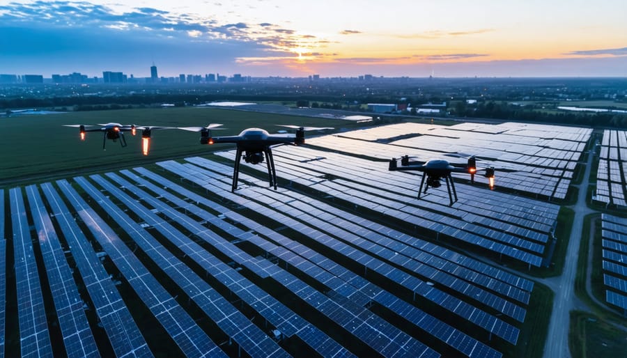 Drones conducting solar panel inspections over a European solar farm with thermal imaging beams during sunset, highlighting technological advancements in renewable energy maintenance.