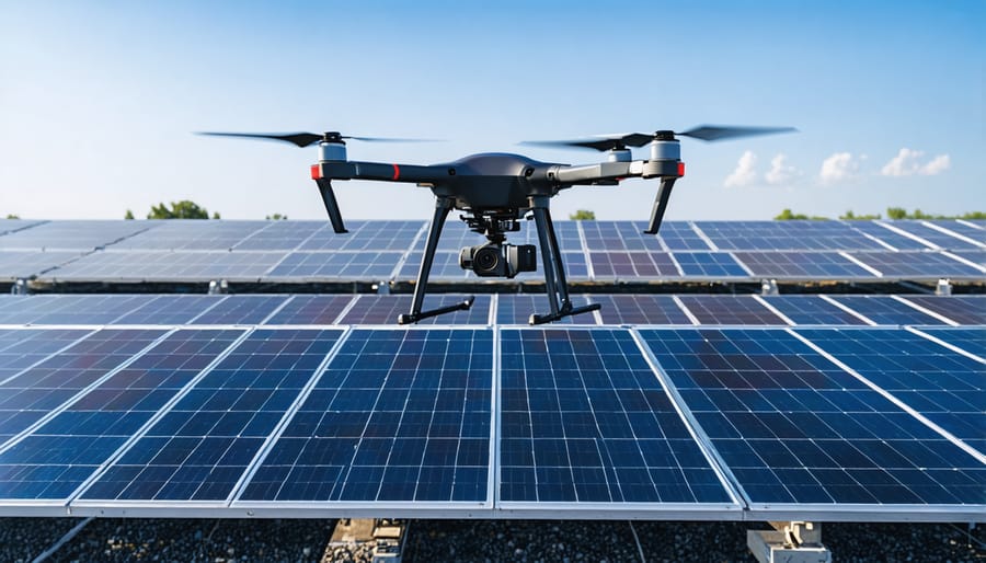 AI-equipped drone conducting thermal imaging inspection of solar panel array