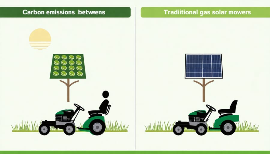 Visual comparison chart showing reduced emissions from solar mowers versus conventional mowers