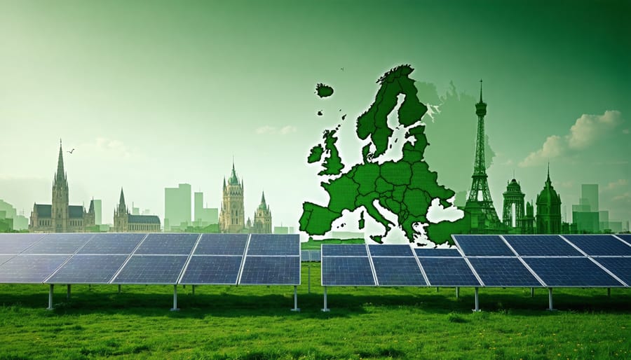 Conceptual depiction of Europe's solar landscape powered by green bonds, featuring solar panels with overlays of investment bonds and European landmarks.