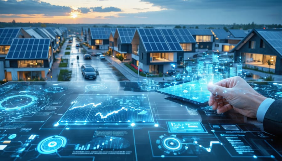 A futuristic European urban landscape with solar panels on rooftops and visible microgrid infrastructure, showcasing energy innovation and independence.