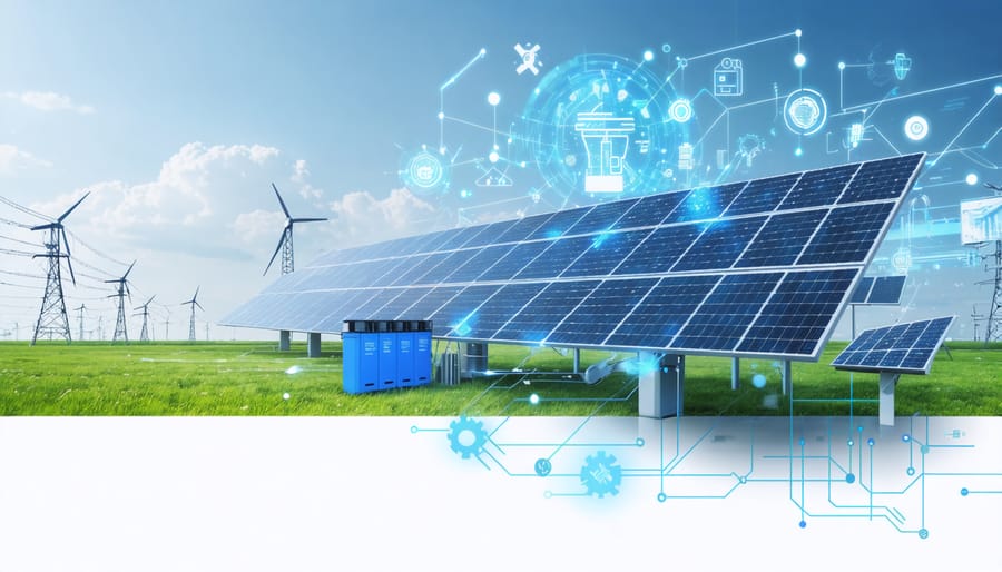 Illustration depicting solar panels connected to advanced battery storage systems and European power grids, symbolizing the integration and stability of renewable energy sources.