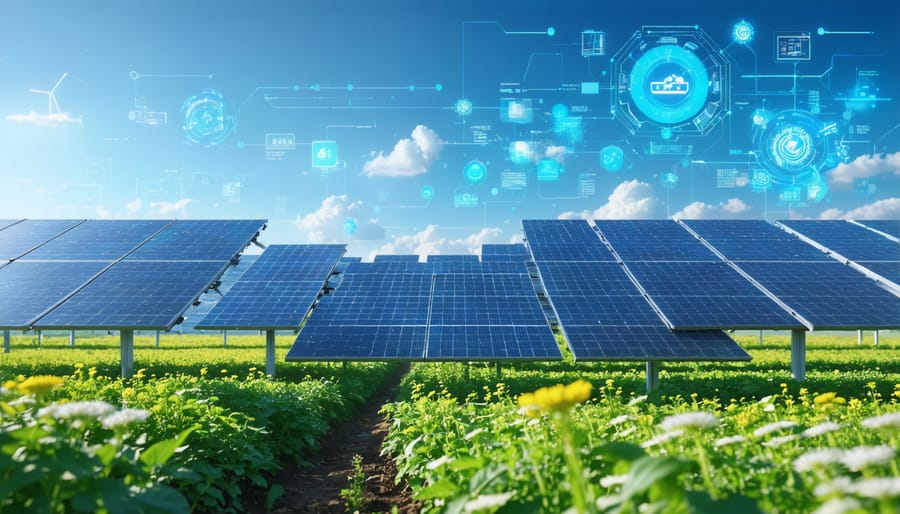 A futuristic European landscape with solar panels integrated into a modern grid system under a vibrant sky, illustrating smart technologies and digital interfaces.