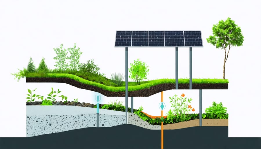 Technical diagram illustrating the layers and components of a solar green roof system
