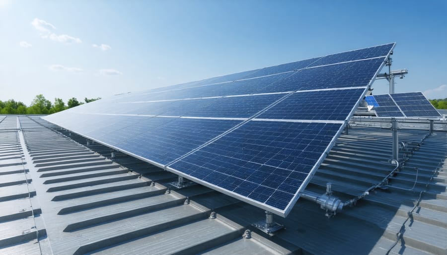 Modern industrial building with rooftop solar installation and visible grid connection infrastructure