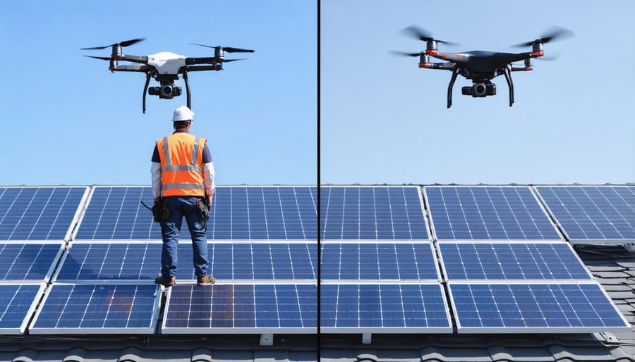 Side-by-side comparison of traditional manual solar panel inspection and modern drone inspection methods