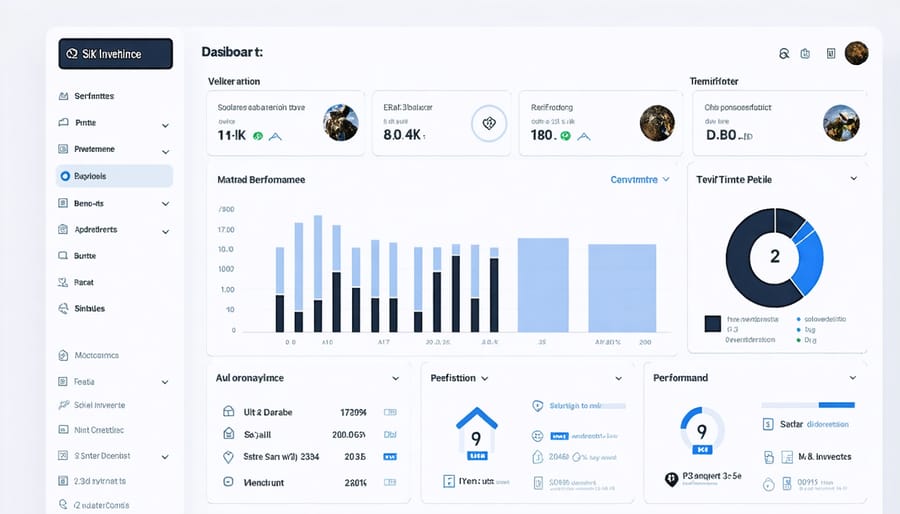 Digital interface displaying key performance indicators, power output, and system health metrics for industrial solar inverter