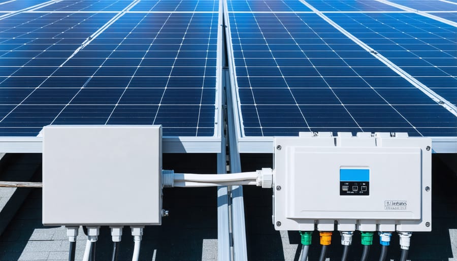 Visual comparison showing string inverter system versus microinverter system installation