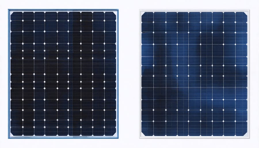 Visual comparison between dark blue monocrystalline and lighter blue polycrystalline solar cells