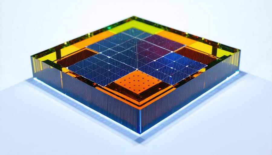 Perovskite solar cells displaying various colors in a research laboratory setting