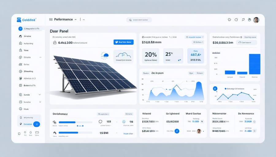 Interactive monitoring dashboard displaying solar panel efficiency graphs and weather forecasts
