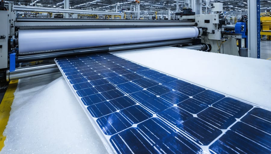 An industrial setting showcasing the integration of R-Tech foam in solar panel manufacturing, with roll foaming machinery and solar panels illustrating the innovative process.