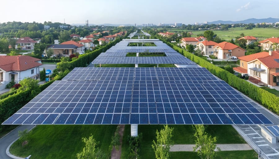 Bird's eye view of neighborhood showing integrated solar panels and microgrid connections