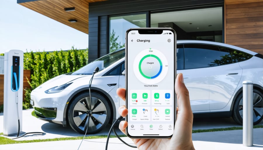 Smart EV charging app interface displaying solar integration and charging controls