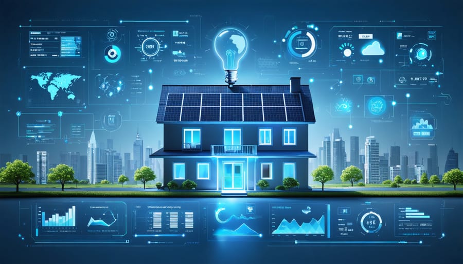 Conceptual illustration of a smart home command center integrating various technologies, including solar panels and battery storage, with a focus on real-time energy monitoring. European architectural features are visible in the background.