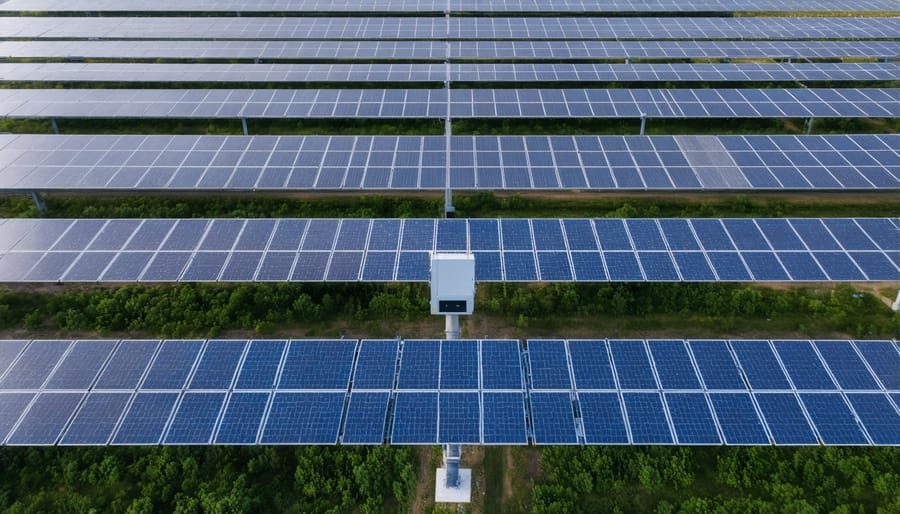 Large-scale solar installation with visible inverter infrastructure and monitoring equipment