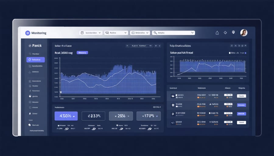 Smart solar monitoring system dashboard displaying performance metrics and predictive maintenance data